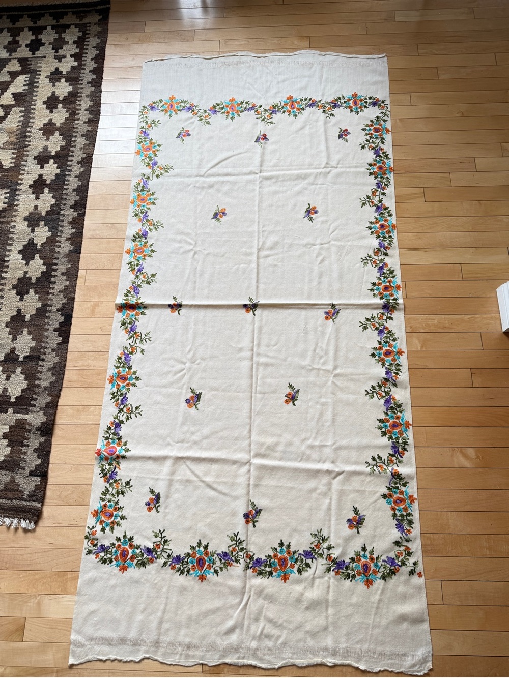 Cream Floral Embroidered Table Cloth Wool Floral Folk 37 x 80